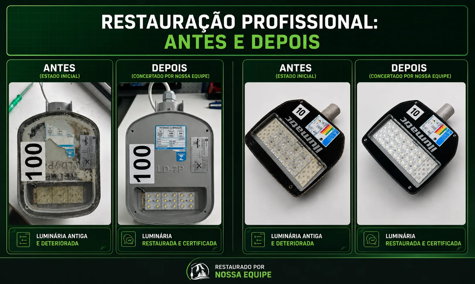 Restauração profissional de luminárias públicas pela TECHLAR — antes e depois: à esquerda, uma luminária pública modelo LD-7P antiga e deteriorada e, ao lado, a mesma peça restaurada e certificada; à direita, uma luminária de LED de poste no estado inicial e, depois, reparada e certificada.